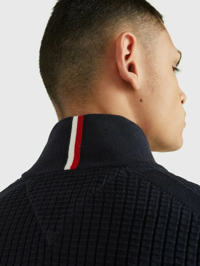 Tommy Hilfiger Knitted Grid Check ZipThru Jumper Desert Sky Mens Knitwear Online