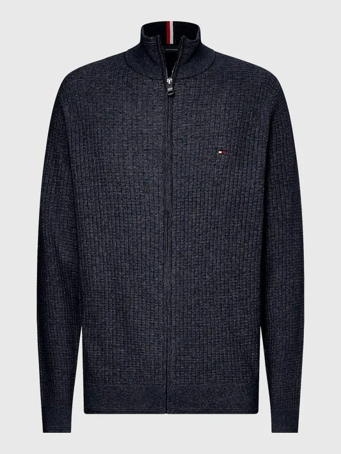 Tommy Hilfiger Knitted Grid Check ZipThru Jumper Desert Sky Mens Knitwear Online