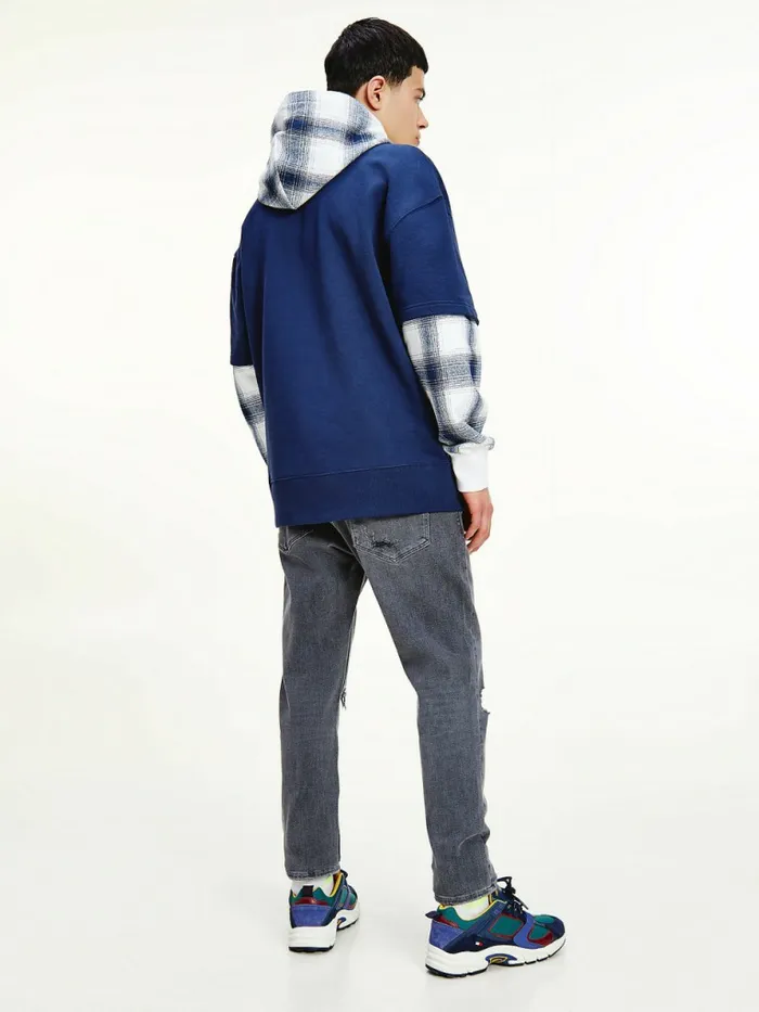 Tommy Hilfiger Layered Check Print Relaxed Hoody Twilight Navy Mens Sweatshirts and Hoodies Casaul