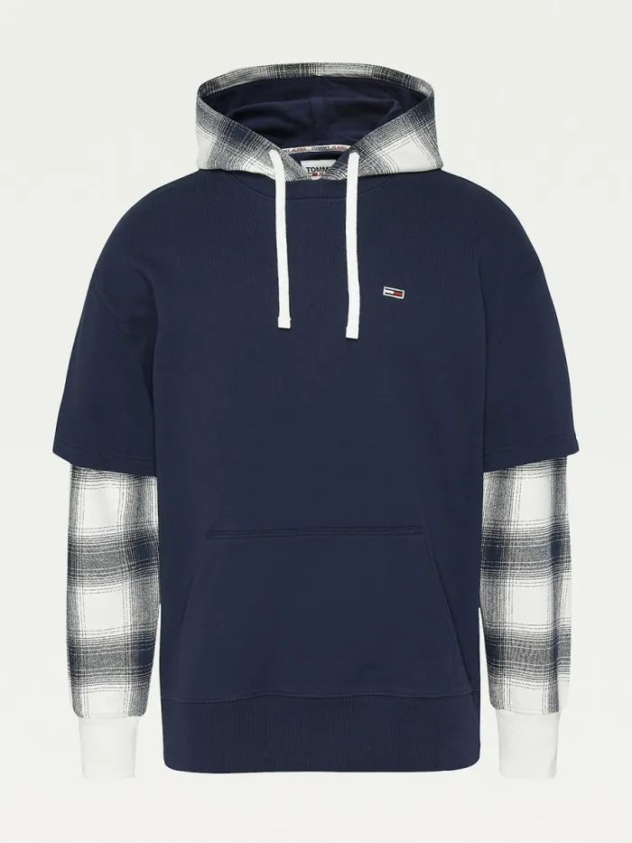 Tommy Hilfiger Layered Check Print Relaxed Hoody Twilight Navy Mens Sweatshirts and Hoodies Casaul