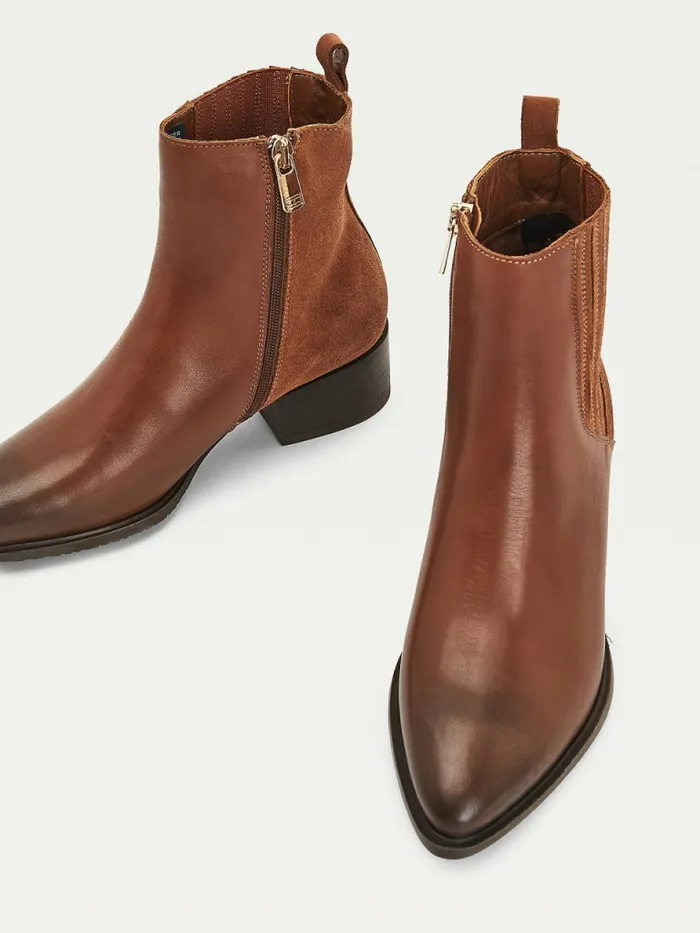 Tommy Hilfiger Leather And Suede ZipUp Ankle Boots Winter Cognac Womens Boots Popular
