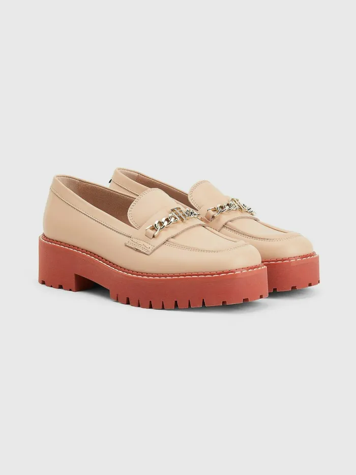 Tommy Hilfiger Leather Chain Chunky Loafers Sandrift Womens Flat Shoes Cheap On Sale Tommy Hilfiger Leather Chain Chunky Loafers Sandrift Womens Flat Shoes Cheap On Sale