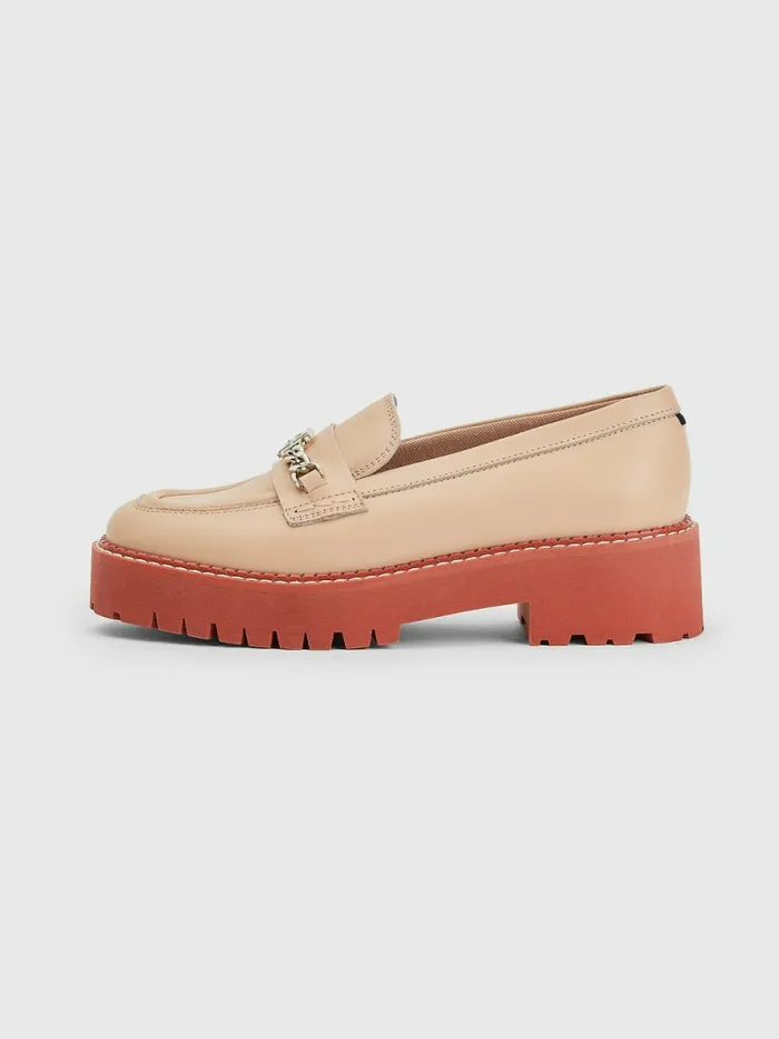 Tommy Hilfiger Leather Chain Chunky Loafers Sandrift Womens Flat Shoes Cheap On Sale