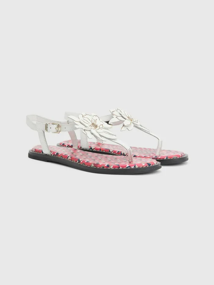 Tommy Hilfiger Leather Floral Monogram Flat Sandals Ecru Womens Sandals Sale
