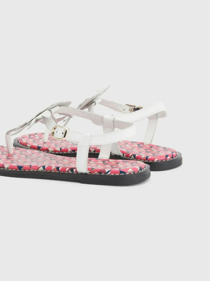Tommy Hilfiger Leather Floral Monogram Flat Sandals Ecru Womens Sandals Sale