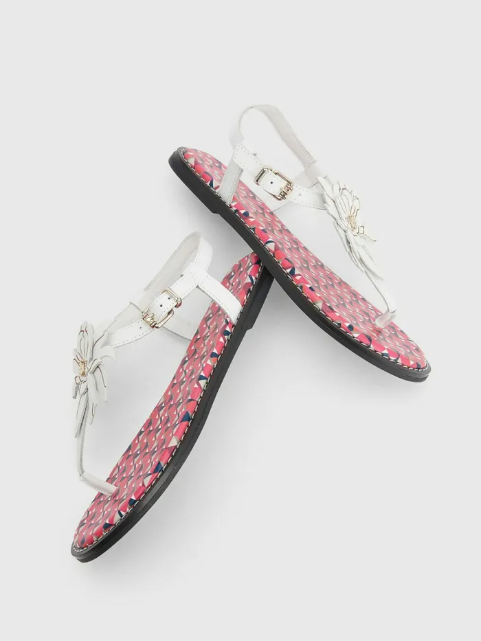 Tommy Hilfiger Leather Floral Monogram Flat Sandals Ecru Womens Sandals Sale