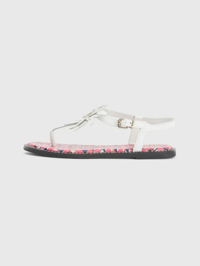 Tommy Hilfiger Leather Floral Monogram Flat Sandals Ecru Womens Sandals Sale