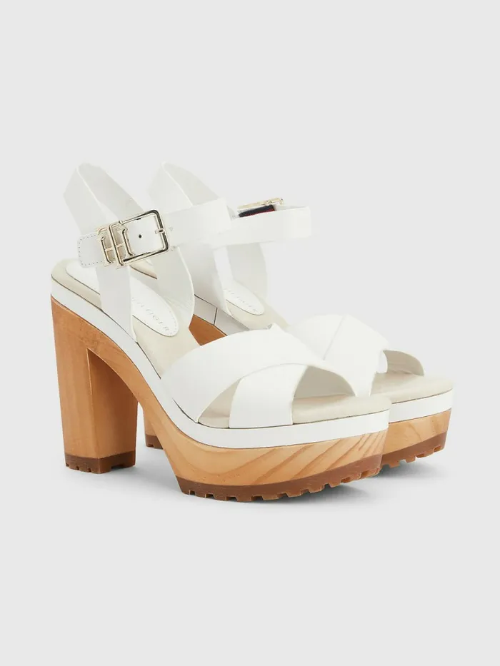 Tommy Hilfiger Leather High Heel Clog Sandals Ecru Womens Trainers Sale