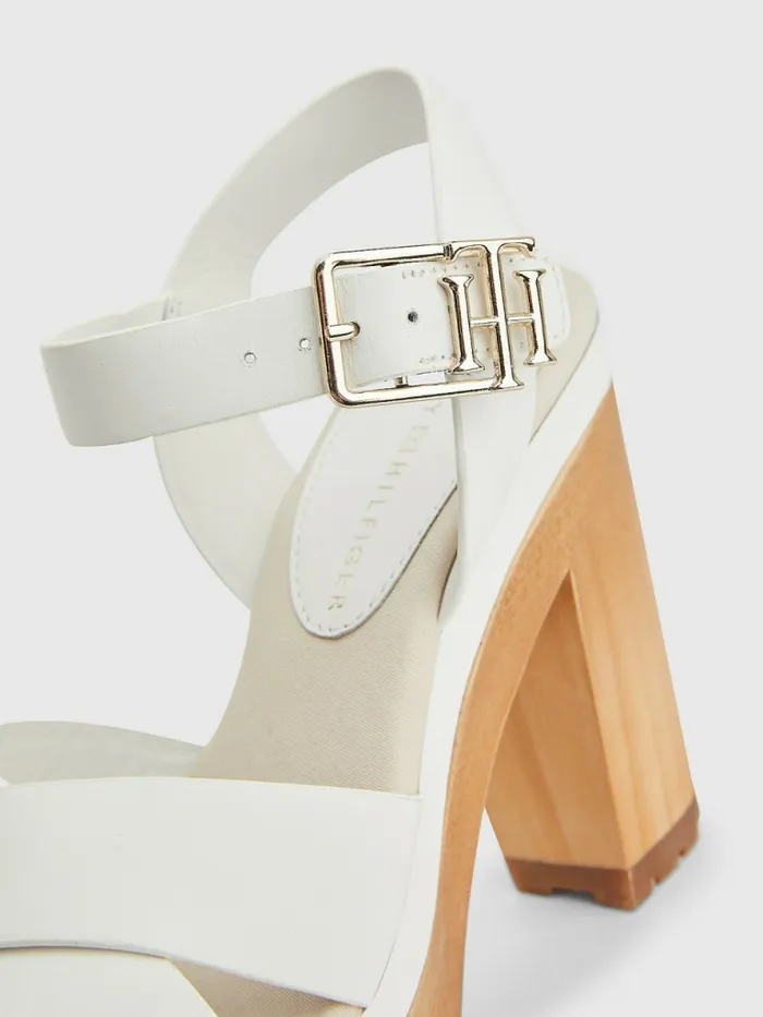 Tommy Hilfiger Leather High Heel Clog Sandals Ecru Womens Trainers Sale