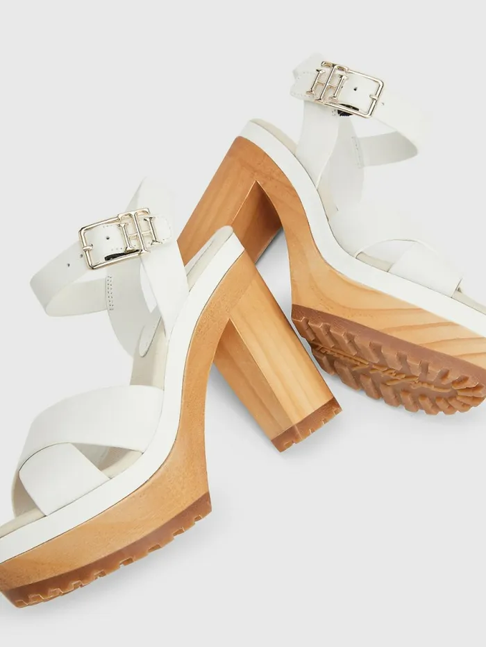 Tommy Hilfiger Leather High Heel Clog Sandals Ecru Womens Trainers Sale