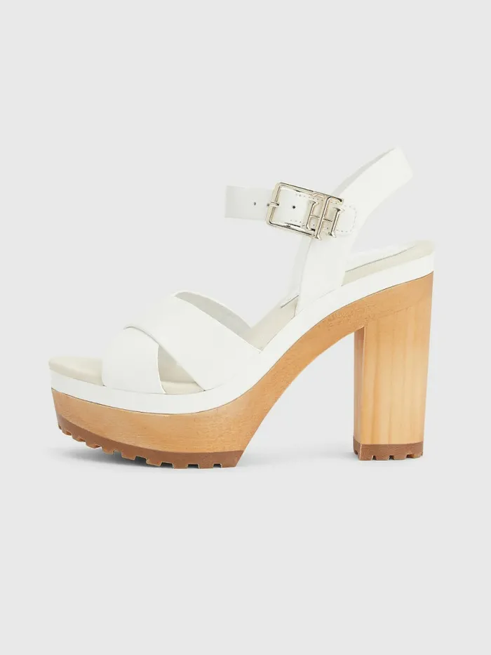 Tommy Hilfiger Leather High Heel Clog Sandals Ecru Womens Trainers Sale