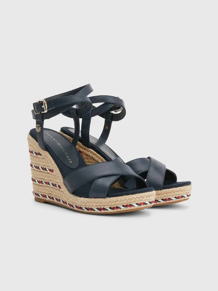 Tommy Hilfiger Leather High Heel Wedge Sandals Desert Sky Womens Pumps Sale