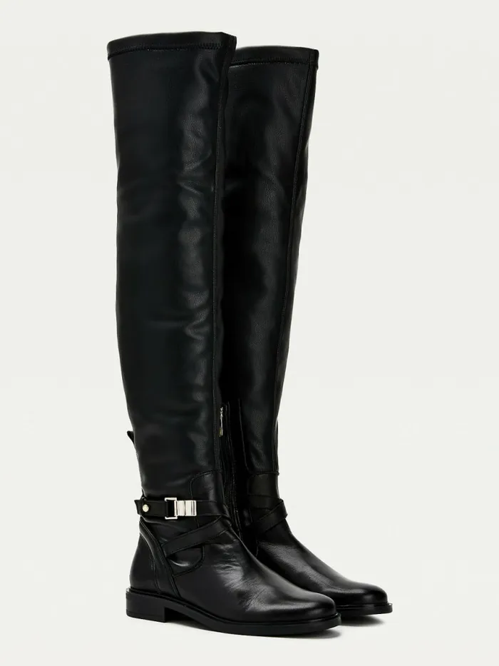 Tommy Hilfiger Leather Metal Buckle OverKnee Boots Black Womens Boots Cheap On Sale Tommy Hilfiger Leather Metal Buckle OverKnee Boots Black Womens Boots Cheap On Sale