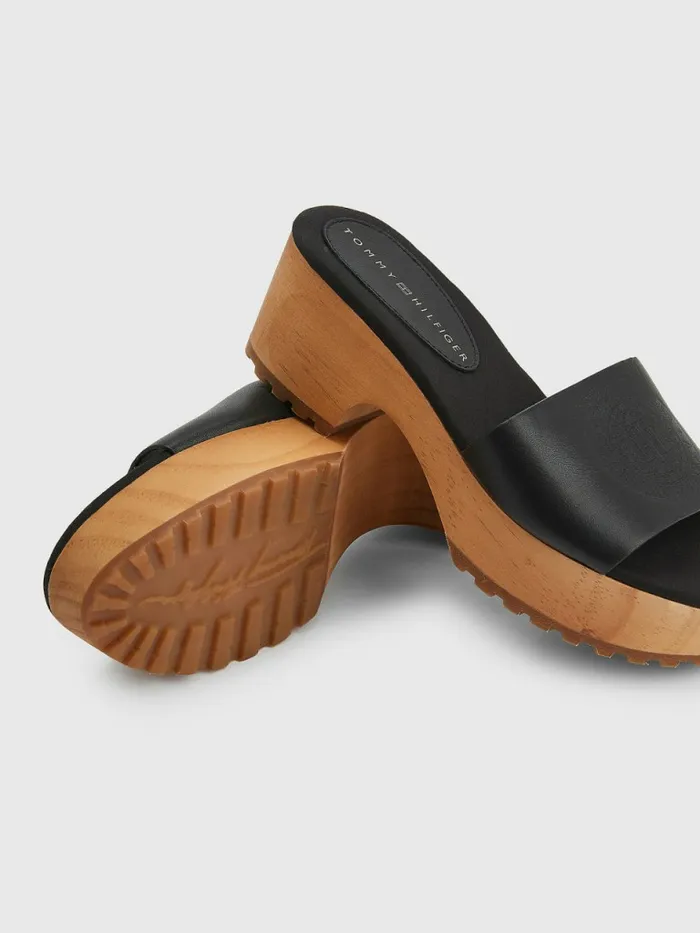 Tommy Hilfiger Leather Platform Heel Clog Sandals Black Womens Boots Gift for Friend
