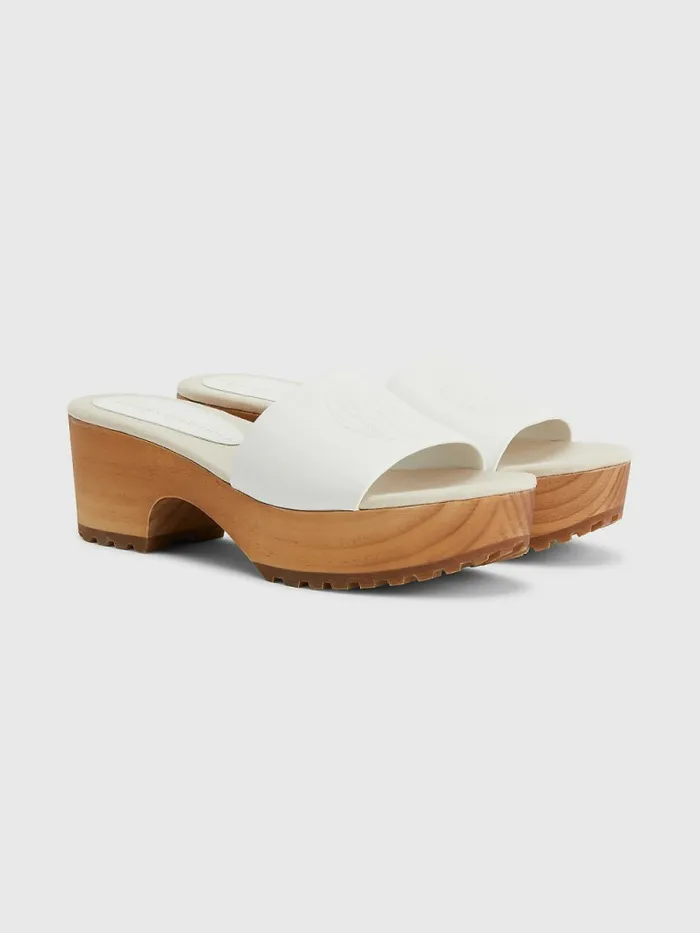 Tommy Hilfiger Leather Platform Heel Clog Sandals Ecru Womens Flat Shoes On Sale Tommy Hilfiger Leather Platform Heel Clog Sandals Ecru Womens Flat Shoes On Sale