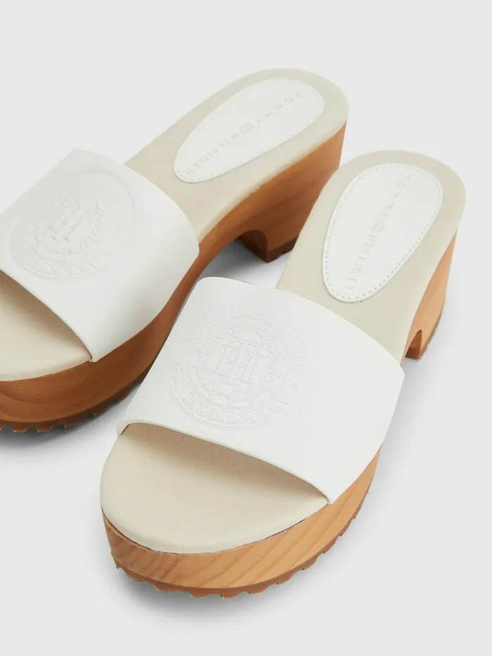 Tommy Hilfiger Leather Platform Heel Clog Sandals Ecru Womens Flat Shoes On Sale