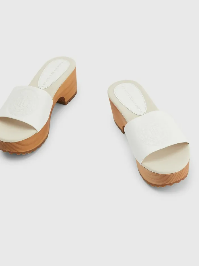 Tommy Hilfiger Leather Platform Heel Clog Sandals Ecru Womens Flat Shoes On Sale