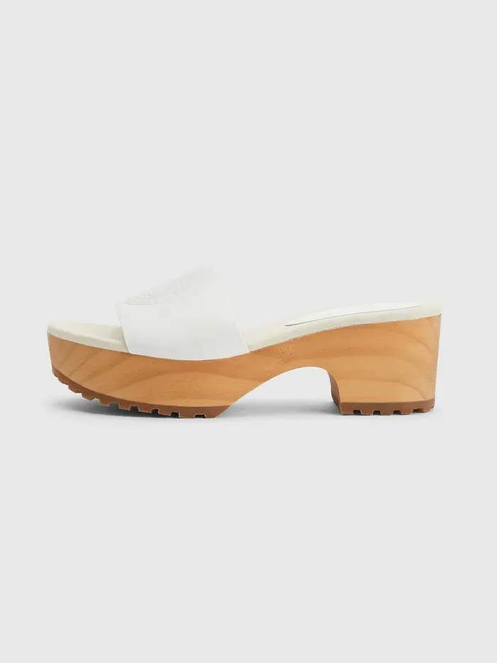 Tommy Hilfiger Leather Platform Heel Clog Sandals Ecru Womens Flat Shoes On Sale