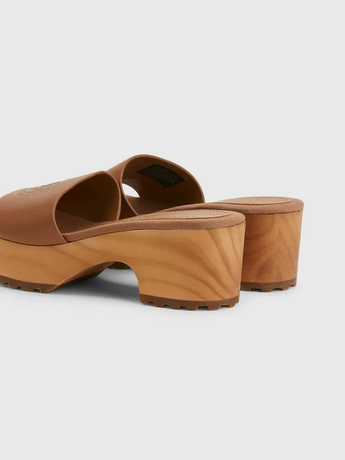 Tommy Hilfiger Leather Platform Heel Clog Sandals Summer Cognac Womens Flat Shoes Sale