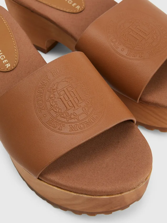 Tommy Hilfiger Leather Platform Heel Clog Sandals Summer Cognac Womens Flat Shoes Sale