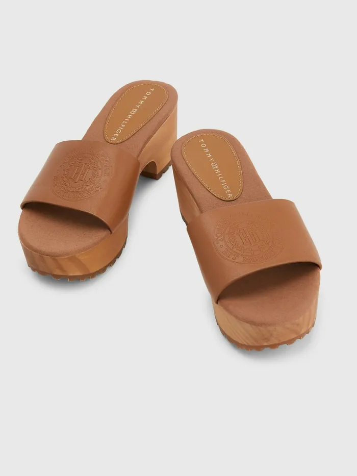 Tommy Hilfiger Leather Platform Heel Clog Sandals Summer Cognac Womens Flat Shoes Sale