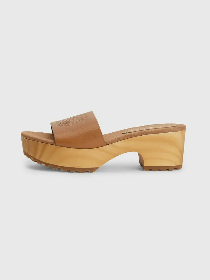 Tommy Hilfiger Leather Platform Heel Clog Sandals Summer Cognac Womens Flat Shoes Sale