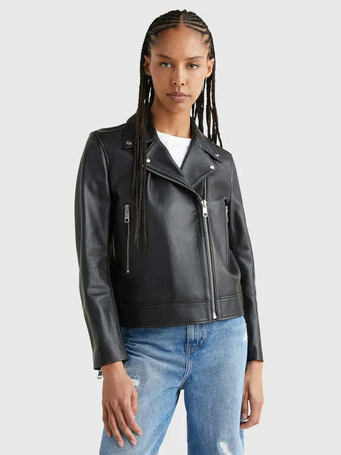 Tommy Hilfiger Leather ZipThru Biker Jacket Black Womens Coats and Jackets Gift for Friend Tommy Hilfiger Leather ZipThru Biker Jacket Black Womens Coats and Jackets Gift for Friend