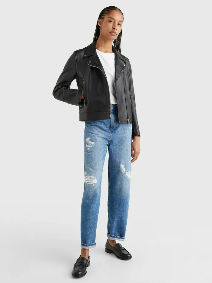 Tommy Hilfiger Leather ZipThru Biker Jacket Black Womens Coats and Jackets Gift for Friend