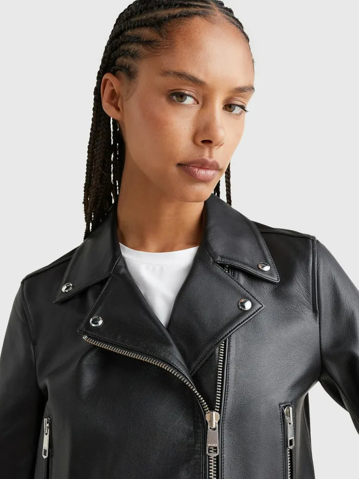 Tommy Hilfiger Leather ZipThru Biker Jacket Black Womens Coats and Jackets Gift for Friend