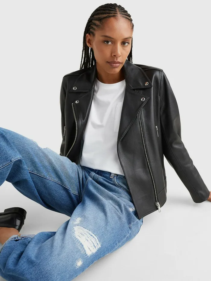 Tommy Hilfiger Leather ZipThru Biker Jacket Black Womens Coats and Jackets Gift for Friend