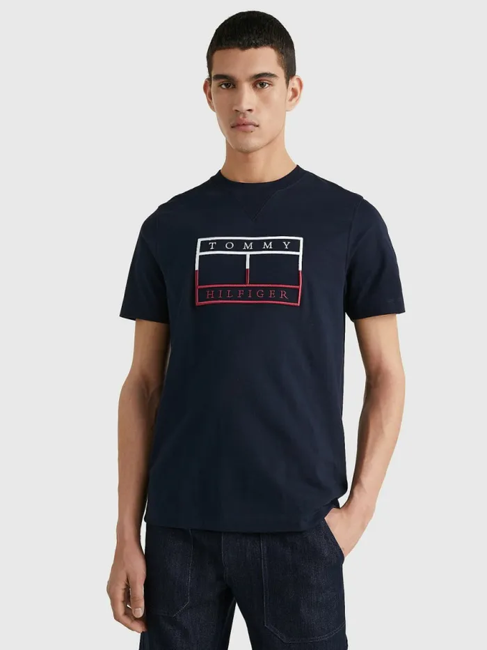 Tommy Hilfiger Linear Flag Embroidery TShirt Desert Sky Mens TShirts Near Me