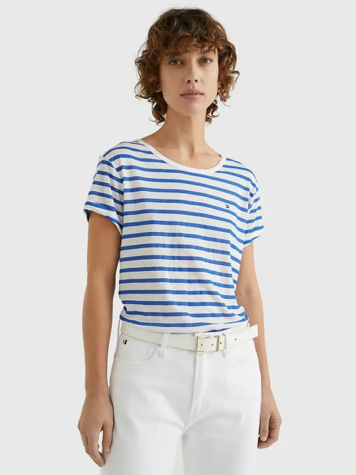 Tommy Hilfiger Linen Blend Oversized TShirt Breton StpWhite Verona Blue Womens TShirts For Sale Tommy Hilfiger Linen Blend Oversized TShirt Breton StpWhite Verona Blue Womens TShirts For Sale