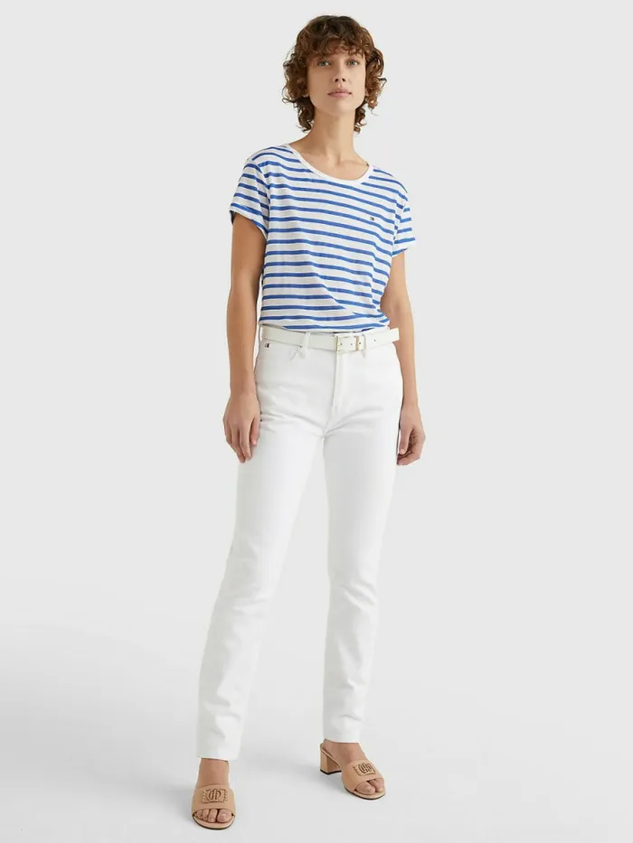 Tommy Hilfiger Linen Blend Oversized TShirt Breton StpWhite Verona Blue Womens TShirts For Sale