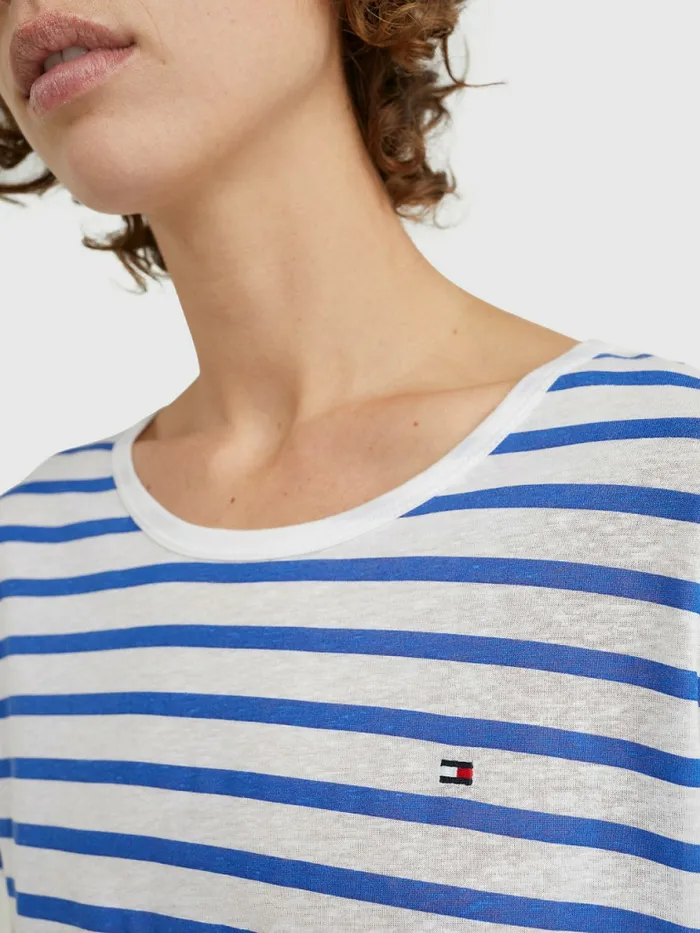 Tommy Hilfiger Linen Blend Oversized TShirt Breton StpWhite Verona Blue Womens TShirts For Sale