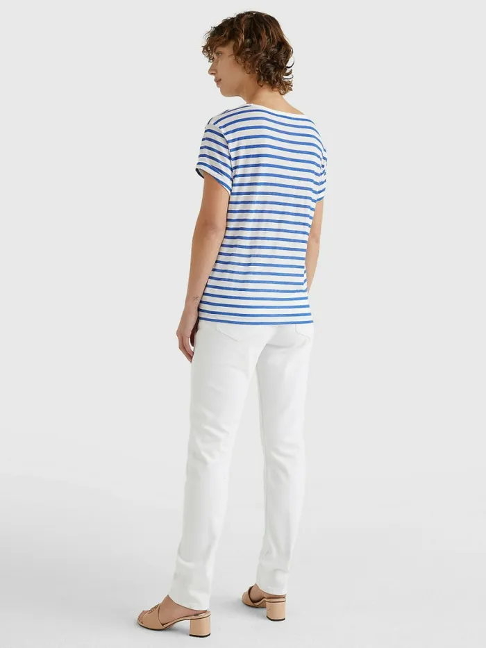 Tommy Hilfiger Linen Blend Oversized TShirt Breton StpWhite Verona Blue Womens TShirts For Sale
