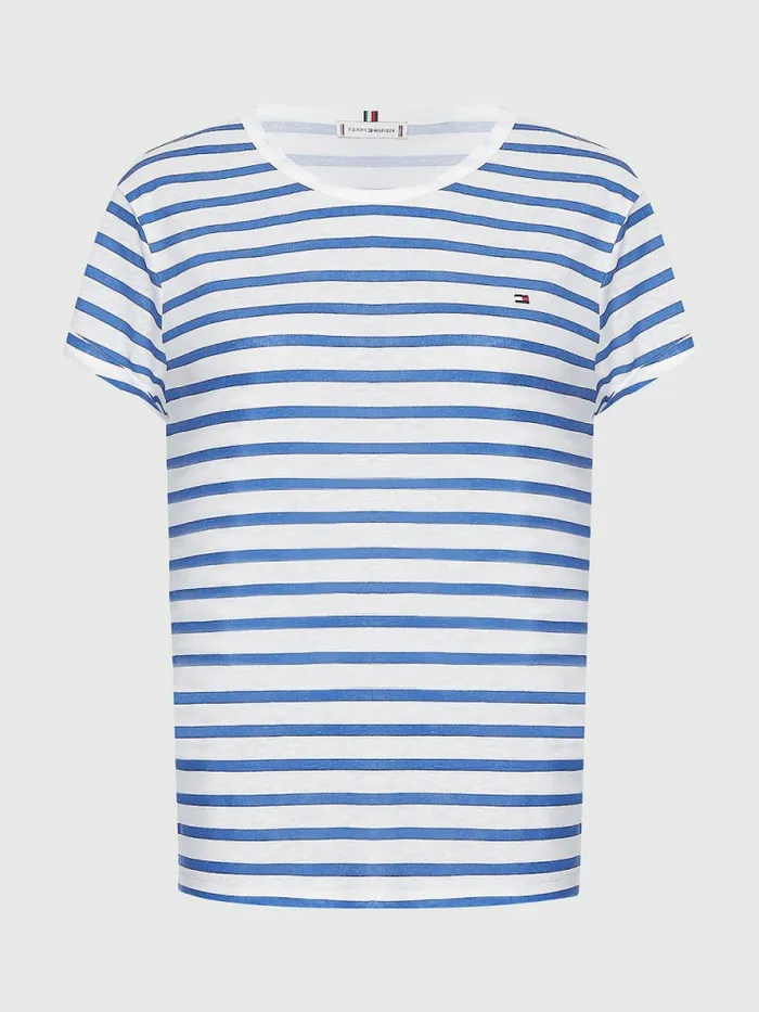 Tommy Hilfiger Linen Blend Oversized TShirt Breton StpWhite Verona Blue Womens TShirts For Sale