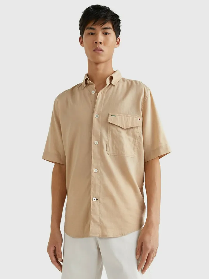 Tommy Hilfiger Linen Blend Short Sleeve Shirt Clayed Pebble Mens Shirts For Sale Tommy Hilfiger Linen Blend Short Sleeve Shirt Clayed Pebble Mens Shirts For Sale
