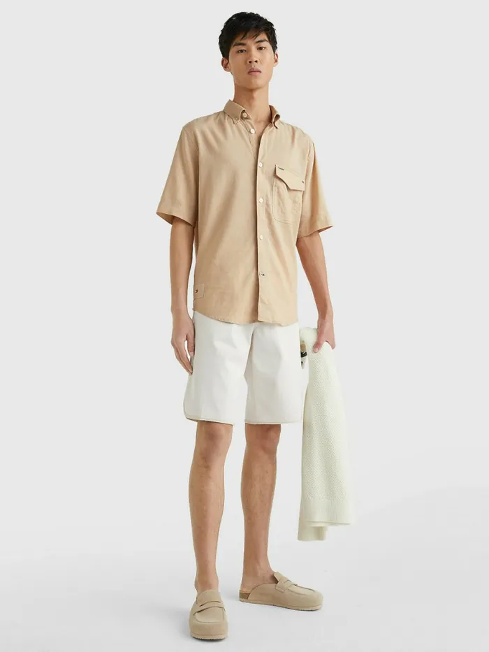 Tommy Hilfiger Linen Blend Short Sleeve Shirt Clayed Pebble Mens Shirts For Sale