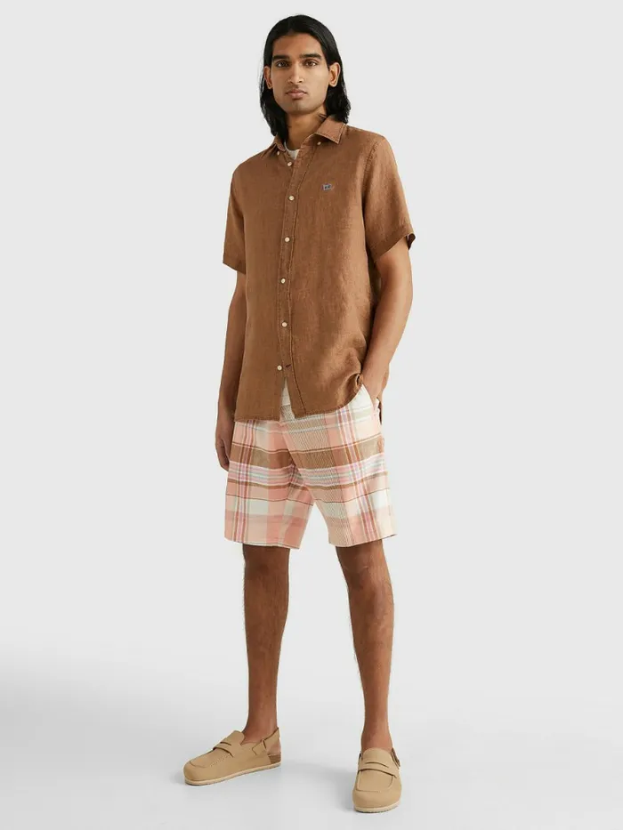 Tommy Hilfiger Linen Regular Fit Short Sleeve Shirt Desert Khaki Mens Tracksuits Gift 4 You