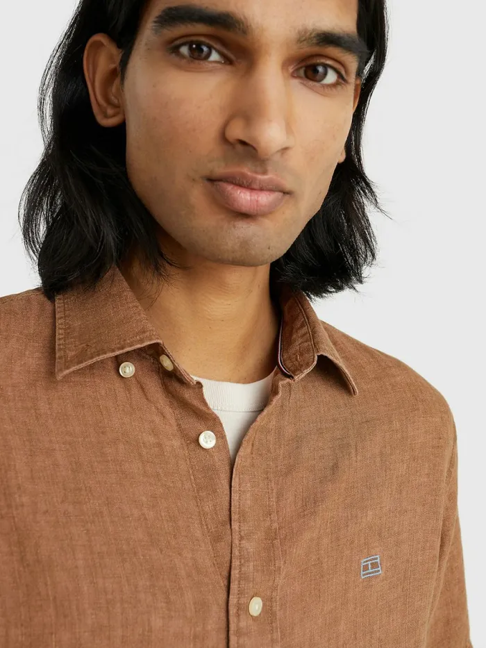 Tommy Hilfiger Linen Regular Fit Short Sleeve Shirt Desert Khaki Mens Tracksuits Gift 4 You