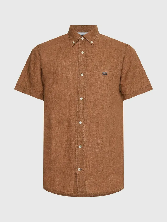 Tommy Hilfiger Linen Regular Fit Short Sleeve Shirt Desert Khaki Mens Tracksuits Gift 4 You