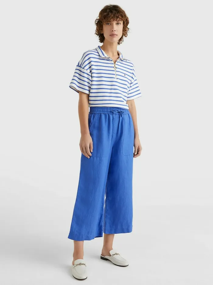 Tommy Hilfiger Linen Wide Leg AnkleLength Trousers Verona Blue Womens Trousers