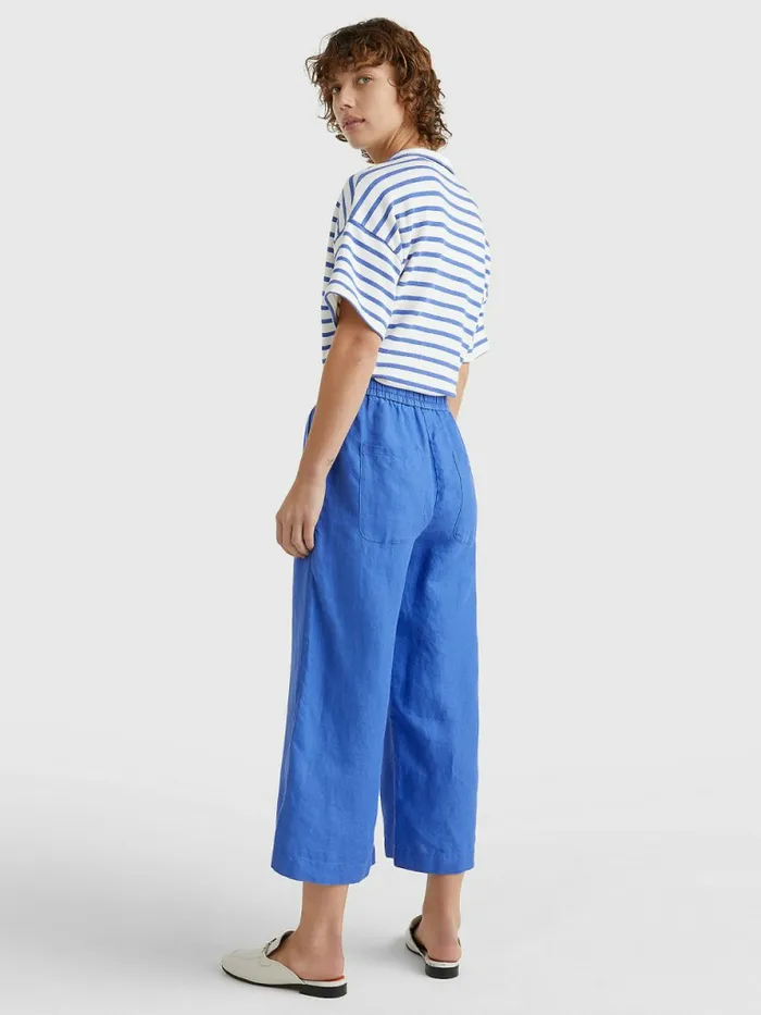 Tommy Hilfiger Linen Wide Leg AnkleLength Trousers Verona Blue Womens Trousers