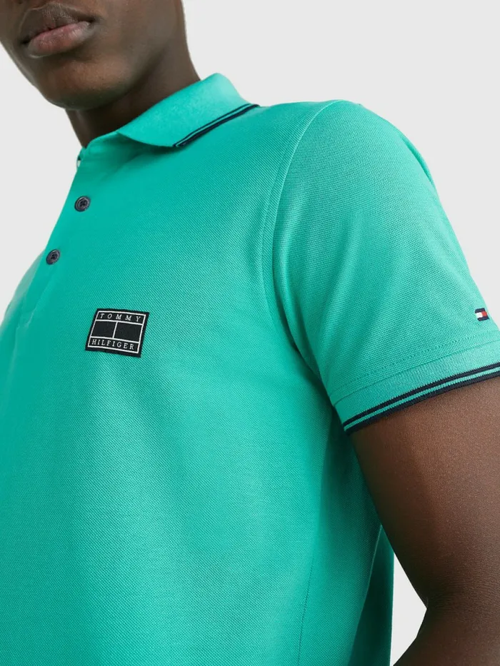 Tommy Hilfiger Logo Contrast Tipped Slim Polo Aloha Green Mens Polo Shirts Fashion
