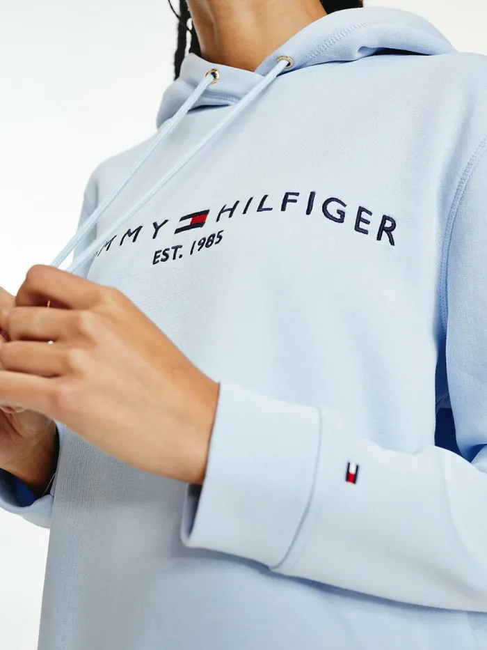 Tommy Hilfiger Logo Drawstring Regular Fit Hoody Breezy Blue Womens Sweatshirts and Hoodies On Sale