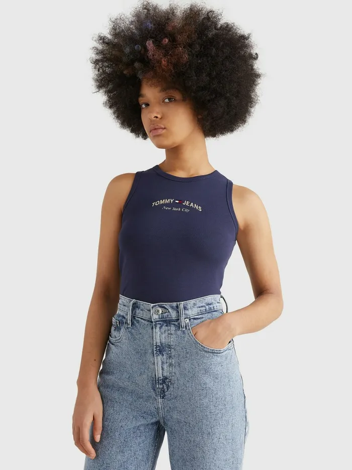 Tommy Hilfiger Logo Embroidery Cropped Tank Top Twilight Navy Womens TShirts On Sale Tommy Hilfiger Logo Embroidery Cropped Tank Top Twilight Navy Womens TShirts On Sale