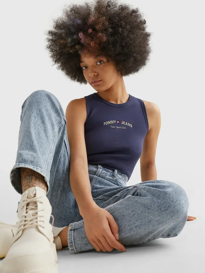 Tommy Hilfiger Logo Embroidery Cropped Tank Top Twilight Navy Womens TShirts On Sale
