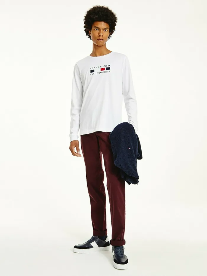 Tommy Hilfiger Logo Embroidery Long Sleeve TShirt White Mens TShirts Sale