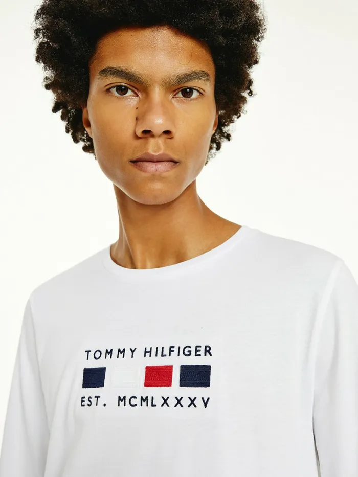 Tommy Hilfiger Logo Embroidery Long Sleeve TShirt White Mens TShirts Sale
