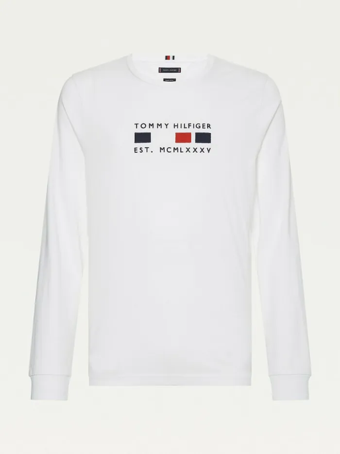 Tommy Hilfiger Logo Embroidery Long Sleeve TShirt White Mens TShirts Sale